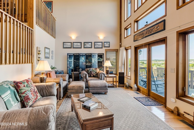 living area featuring wood finished floors, a towering ceiling, and baseboards