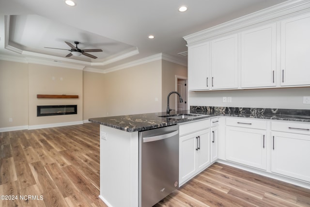 kitchen featuring a raised ceiling, dishwasher, a glass covered fireplace, crown molding, and a sink