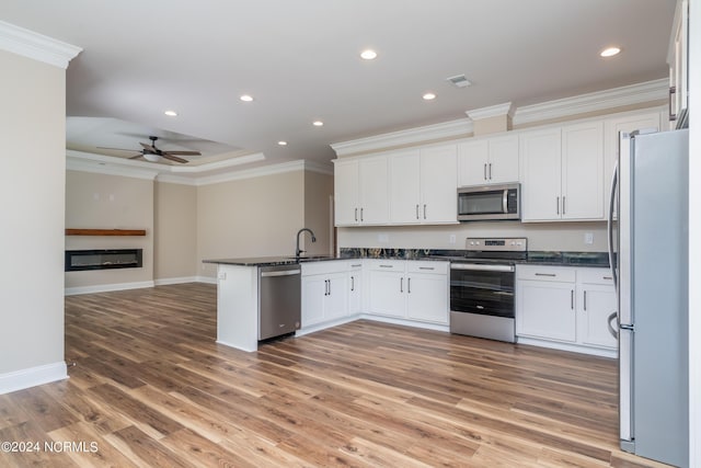 kitchen featuring stainless steel appliances, a peninsula, a sink, open floor plan, and a glass covered fireplace