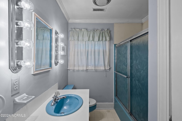 full bathroom with combined bath / shower with glass door, crown molding, vanity, and toilet