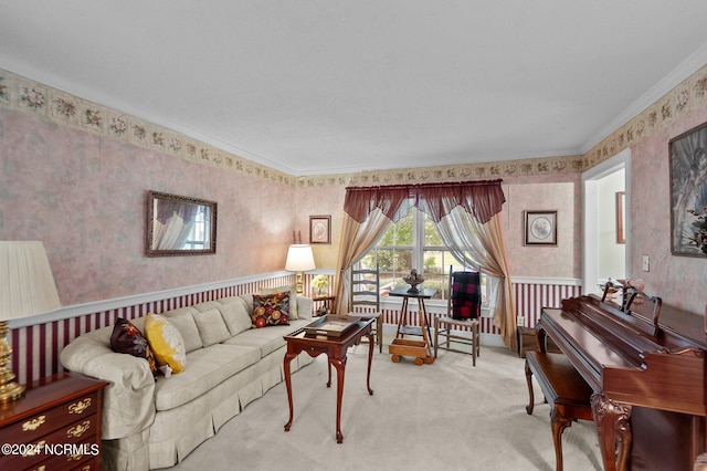 carpeted living room featuring crown molding