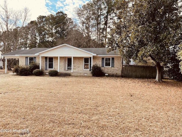 single story home with a porch and a front lawn