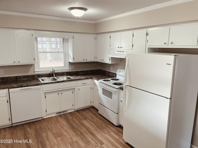 kitchen featuring white cabinetry, white appliances, sink, and light hardwood / wood-style flooring