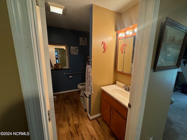 bathroom with vanity, toilet, and hardwood / wood-style flooring