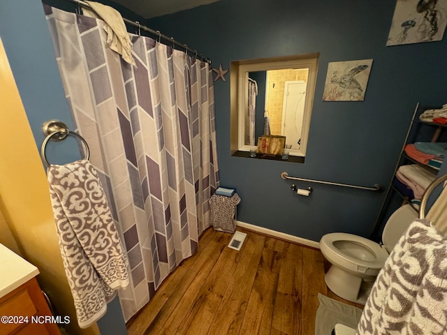 bathroom with vanity, toilet, and hardwood / wood-style flooring