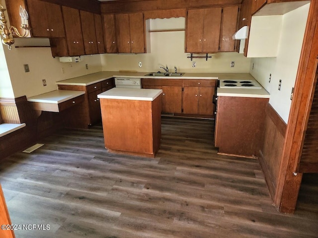 kitchen featuring sink, white appliances, exhaust hood, dark hardwood / wood-style floors, and a center island