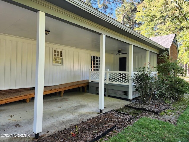 exterior space featuring ceiling fan and a patio