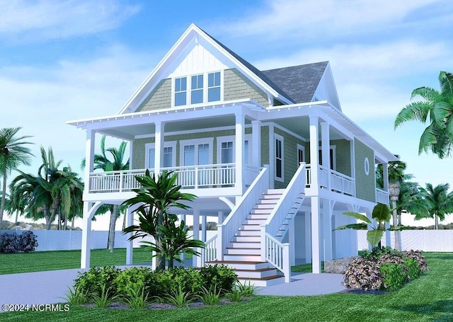 coastal home featuring a porch, a front yard, fence, and stairs