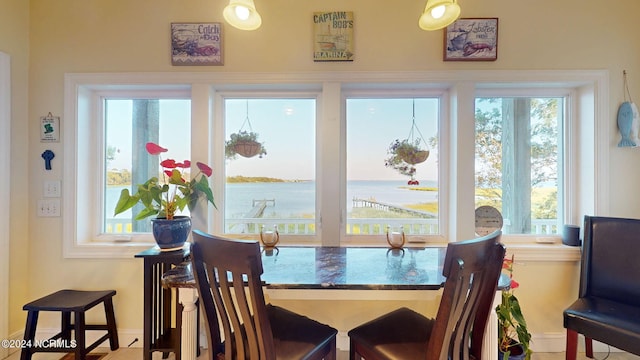 dining room featuring a healthy amount of sunlight and a water view