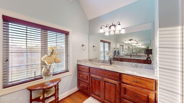 bathroom with vanity, vaulted ceiling, and hardwood / wood-style floors