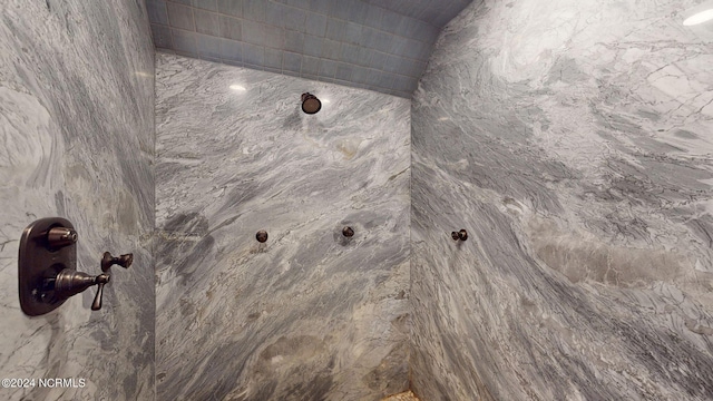 interior details featuring a marble finish shower