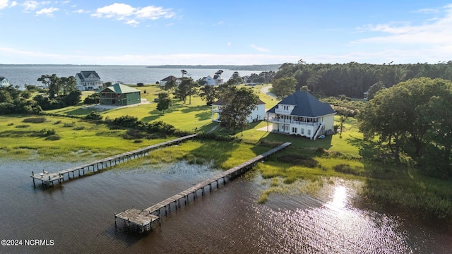 drone / aerial view with a water view