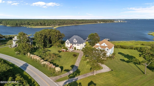 drone / aerial view with a water view