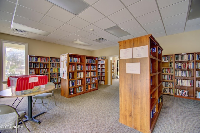 carpeted home office with a paneled ceiling