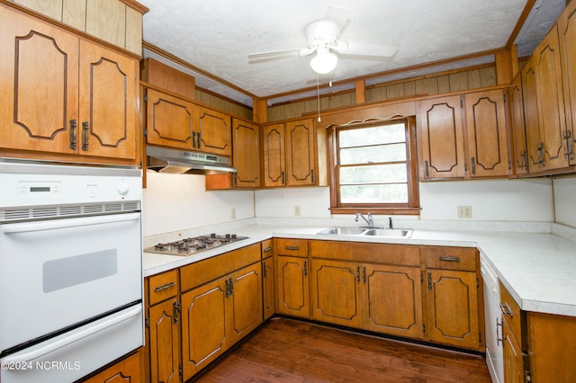 kitchen with white appliances, sink, dark hardwood / wood-style floors, ceiling fan, and a textured ceiling