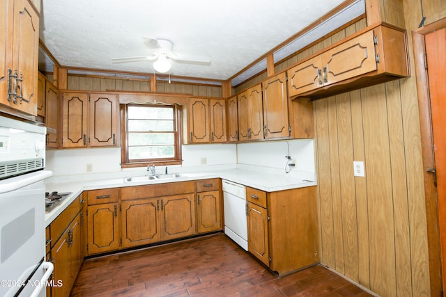 kitchen featuring white appliances, a textured ceiling, dark hardwood / wood-style flooring, sink, and ceiling fan