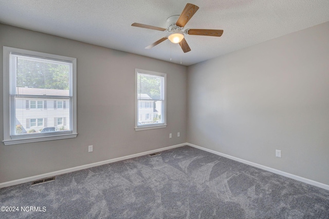 carpeted empty room featuring a textured ceiling, a wealth of natural light, and ceiling fan