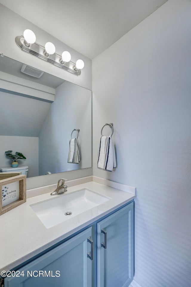 bathroom with vanity and lofted ceiling