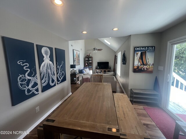 interior space with ceiling fan, hardwood / wood-style flooring, and vaulted ceiling