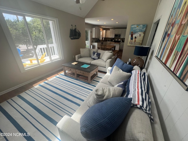 living room with high vaulted ceiling, hardwood / wood-style flooring, and a healthy amount of sunlight