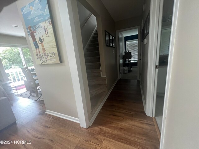 hallway featuring dark wood-type flooring