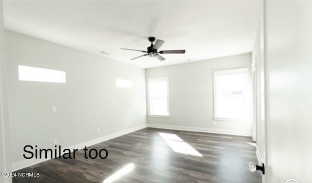 unfurnished room with ceiling fan, baseboards, and wood finished floors