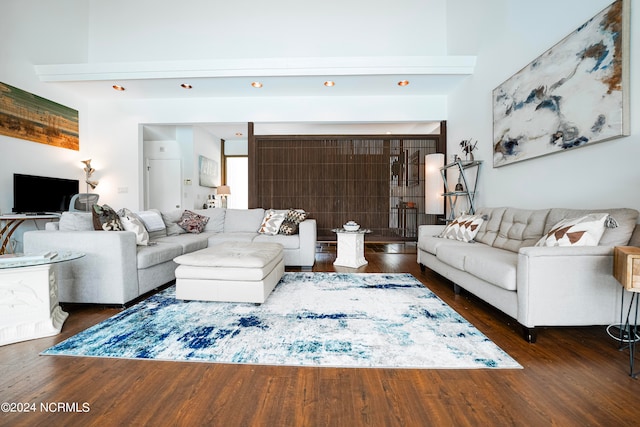 living room with dark hardwood / wood-style flooring