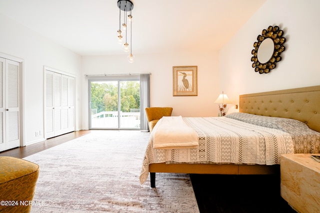 bedroom with access to exterior, hardwood / wood-style floors, and two closets