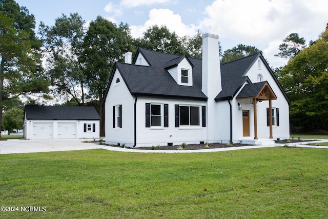 view of front of home with crawl space, a front yard, a chimney, and a shingled roof