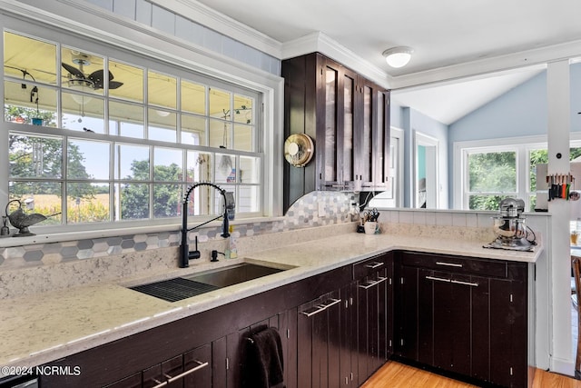 kitchen with dark brown cabinets, vaulted ceiling, decorative backsplash, and a sink