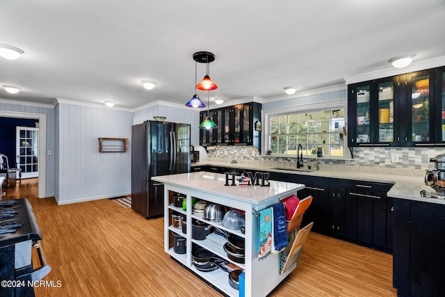 kitchen with light wood-style flooring, dark cabinetry, a sink, and freestanding refrigerator