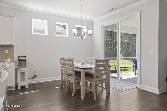 dining area with plenty of natural light, dark wood-type flooring, and a chandelier