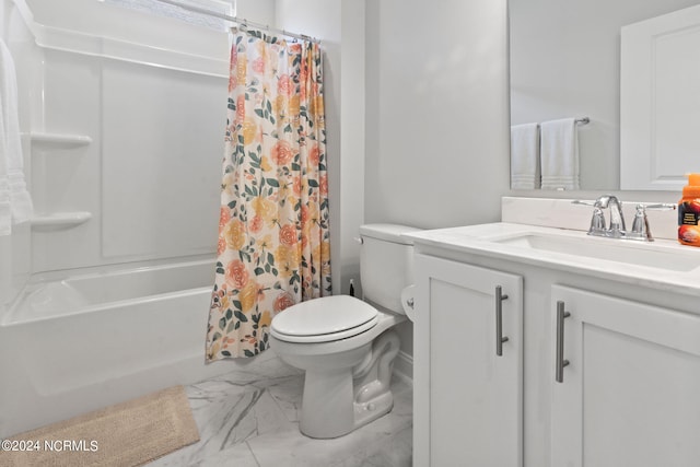 full bathroom featuring toilet, shower / tub combo, and vanity