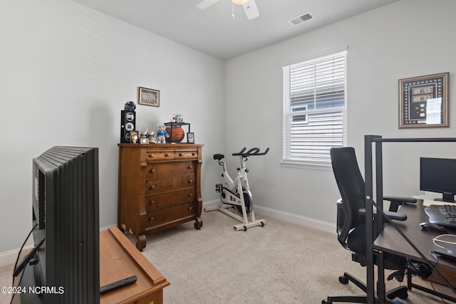 office area featuring carpet flooring and ceiling fan