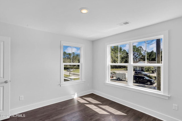 empty room featuring a healthy amount of sunlight and dark hardwood / wood-style flooring