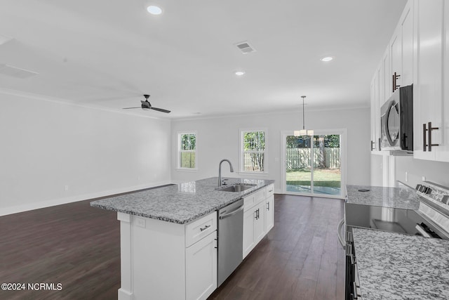 kitchen with an island with sink, sink, dark wood-type flooring, ceiling fan, and appliances with stainless steel finishes