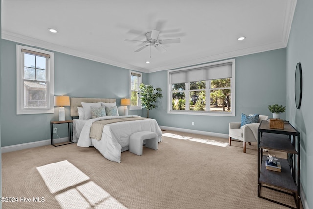 carpeted bedroom featuring ornamental molding, recessed lighting, a ceiling fan, and baseboards