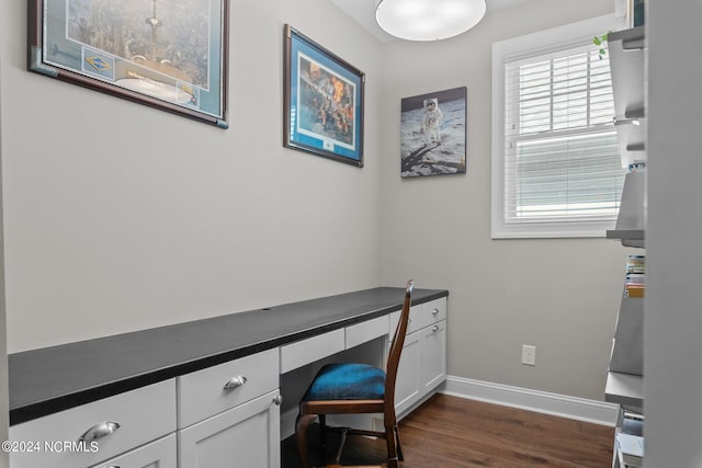 home office featuring dark wood-type flooring, built in desk, and baseboards