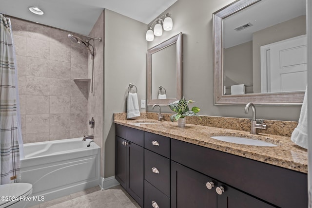 full bath featuring double vanity, a sink, visible vents, and shower / tub combo with curtain