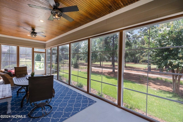 sunroom with a ceiling fan and wood ceiling