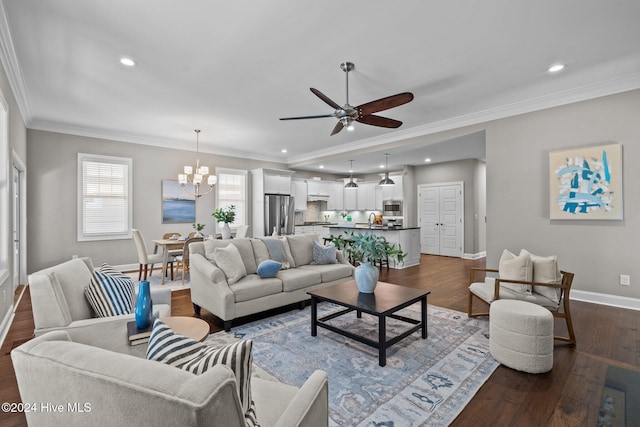 living area with dark wood-style floors, recessed lighting, crown molding, and baseboards