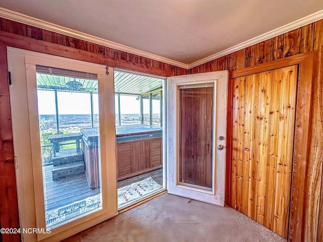 doorway to outside featuring ornamental molding, concrete flooring, and wood walls