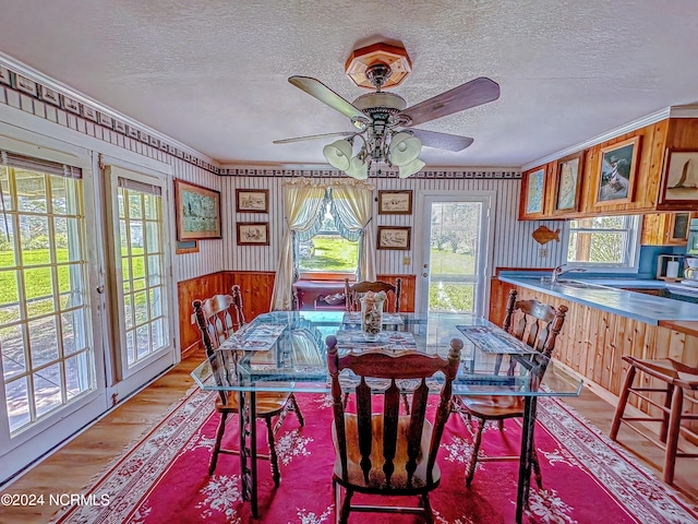 dining space with a textured ceiling, ceiling fan, light wood-style floors, ornamental molding, and french doors