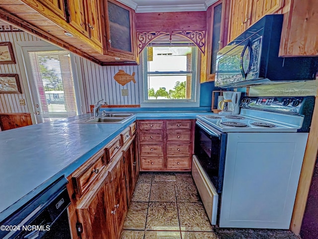 kitchen featuring dishwasher, electric range oven, glass insert cabinets, black microwave, and a sink