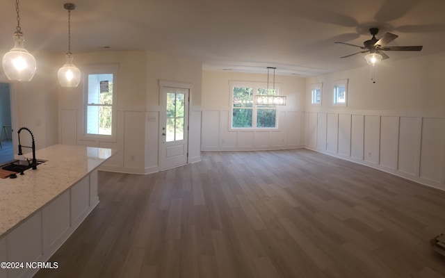 interior space with plenty of natural light, a decorative wall, wood finished floors, and wainscoting