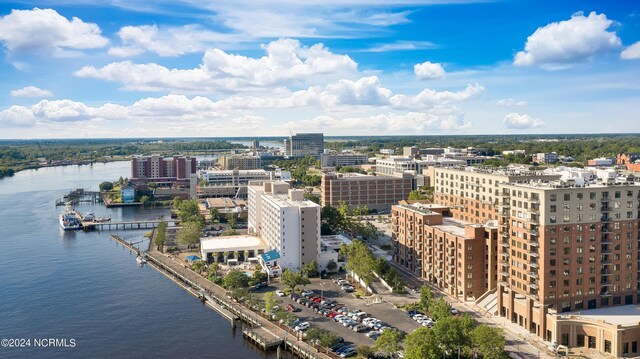 drone / aerial view featuring a water view