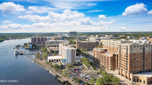 bird's eye view featuring a water view and a view of city