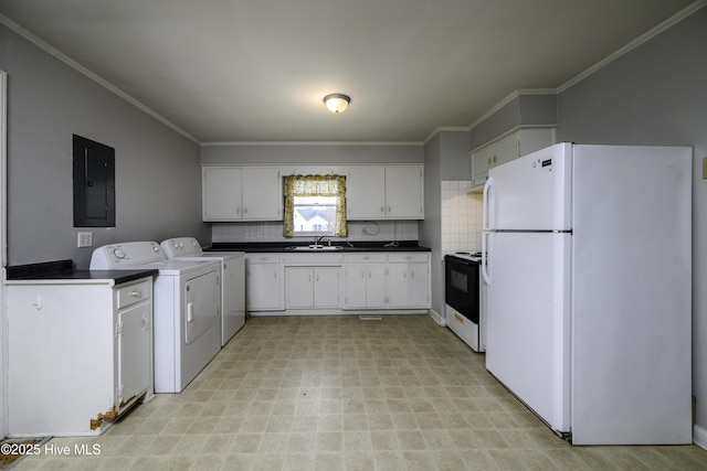 kitchen with sink, white cabinets, electric panel, independent washer and dryer, and white appliances