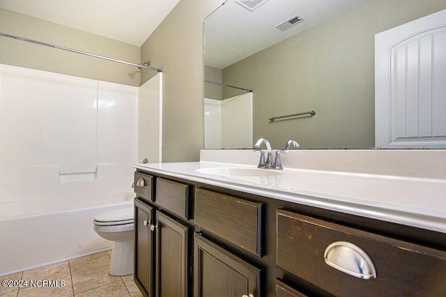 full bathroom featuring toilet, vanity, tile patterned floors, and shower / bathtub combination