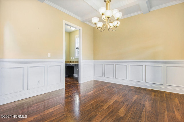 unfurnished room featuring beam ceiling, crown molding, an inviting chandelier, and dark hardwood / wood-style flooring